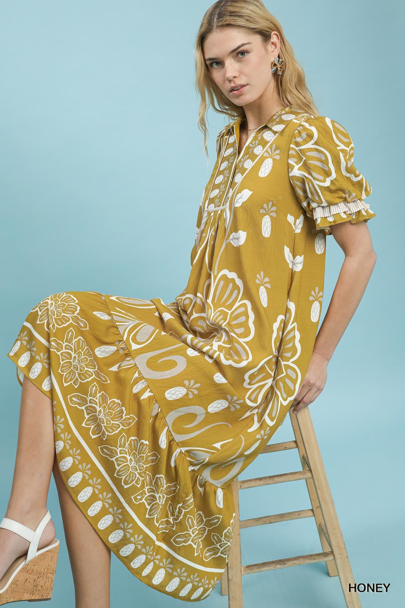 Floral Border Print Tiered Midi Dress