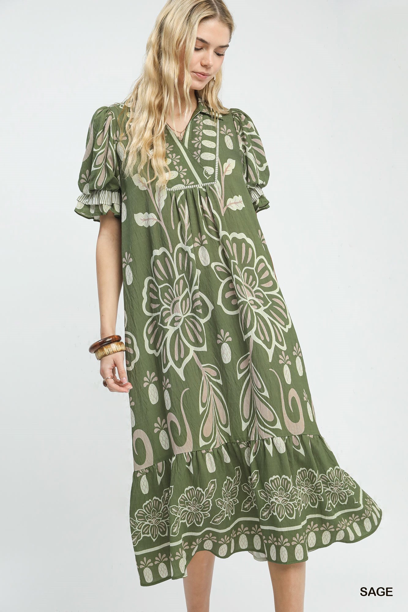 Floral Border Print Tiered Midi Dress