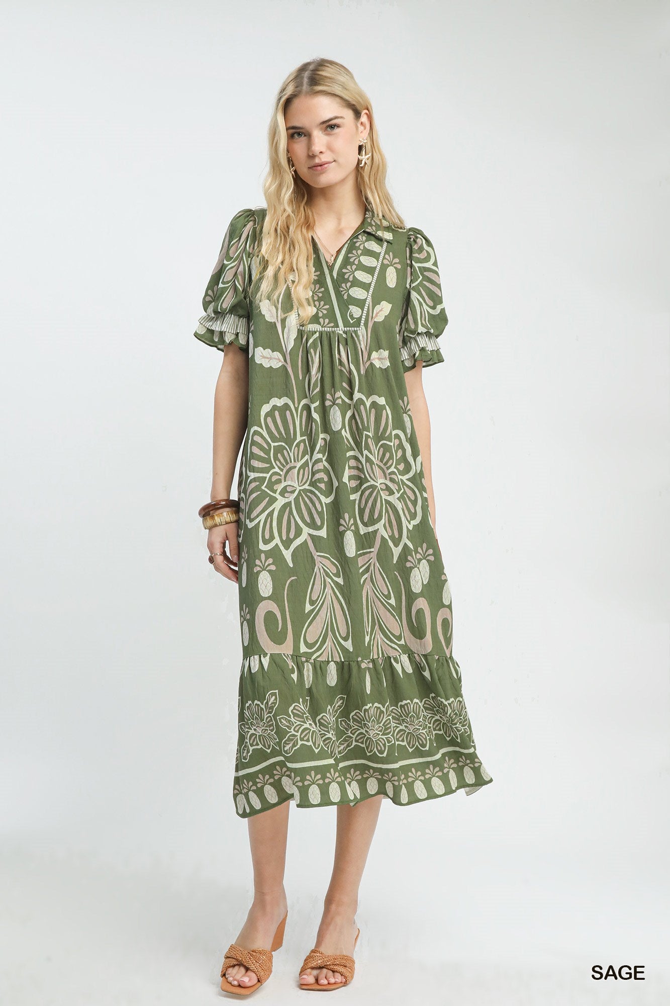 Floral Border Print Tiered Midi Dress