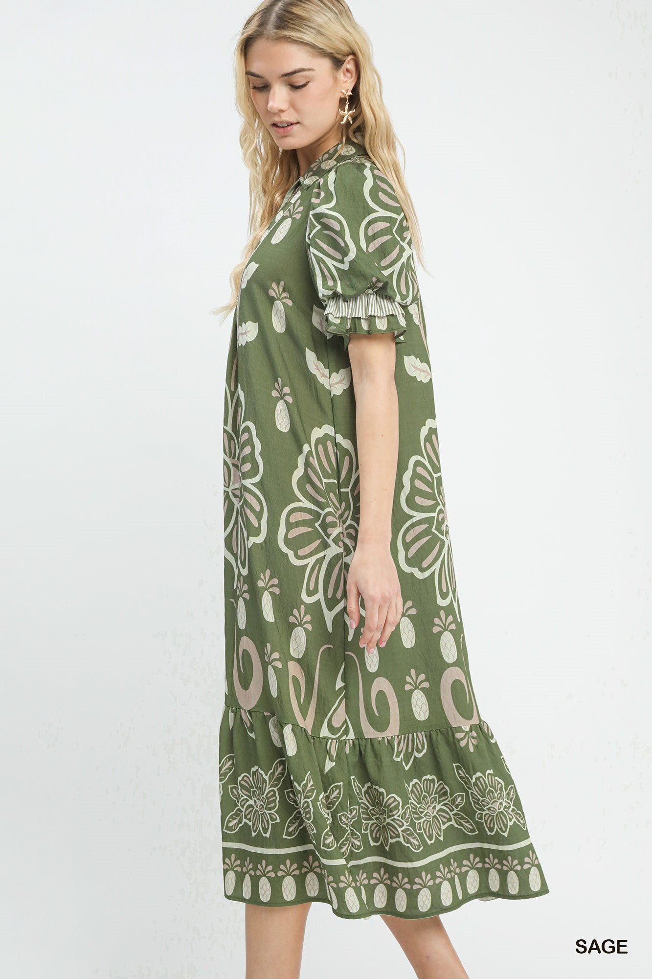 Floral Border Print Tiered Midi Dress