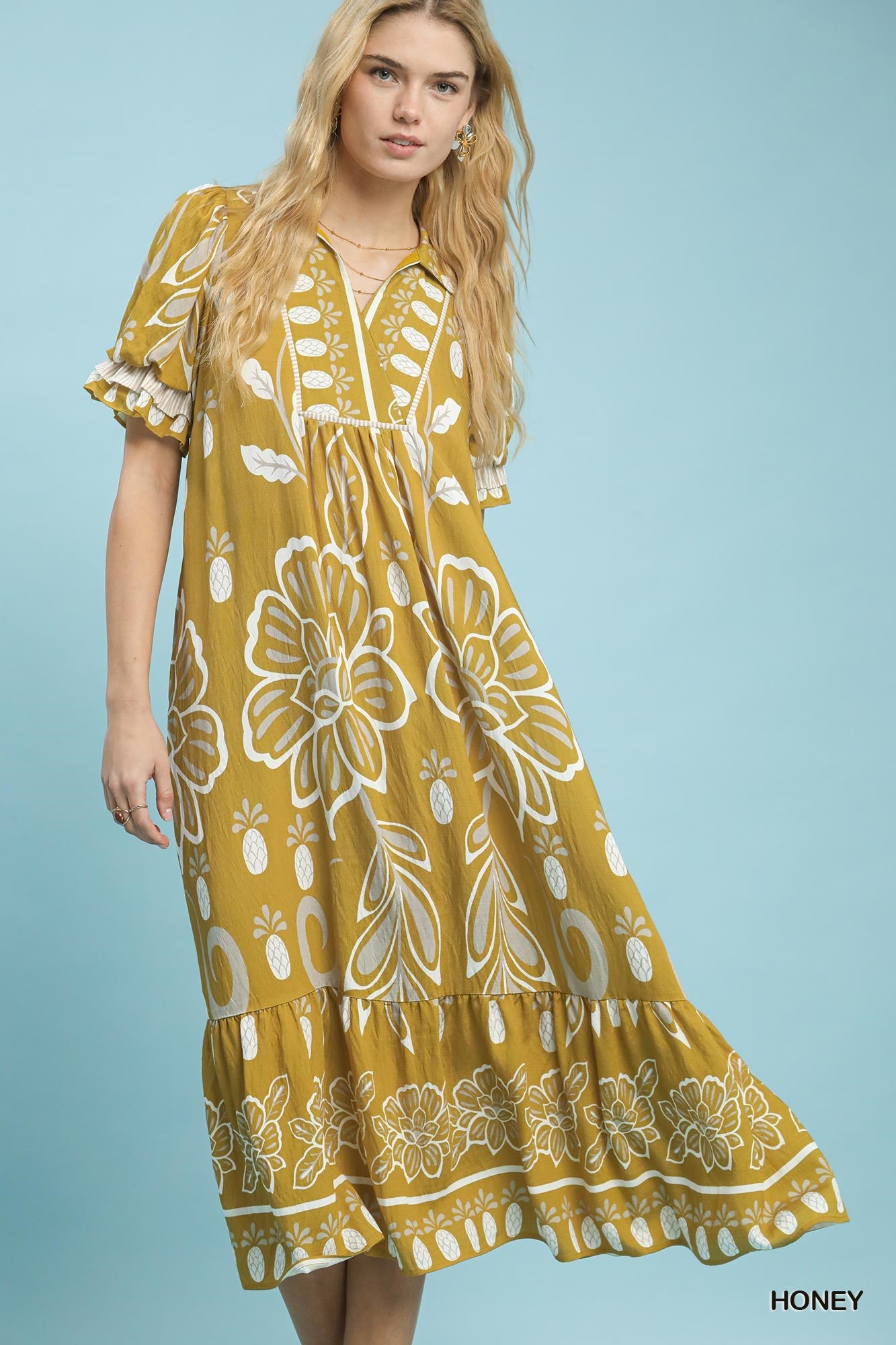 Floral Border Print Tiered Midi Dress