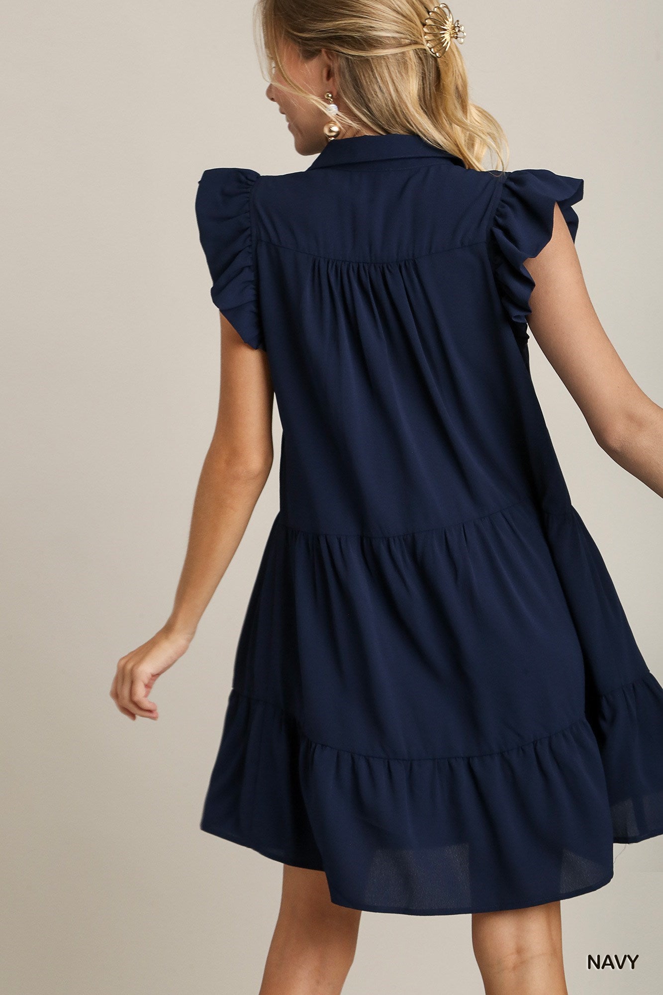 Tiered Short Dress with Flutter Sleeves & Collar