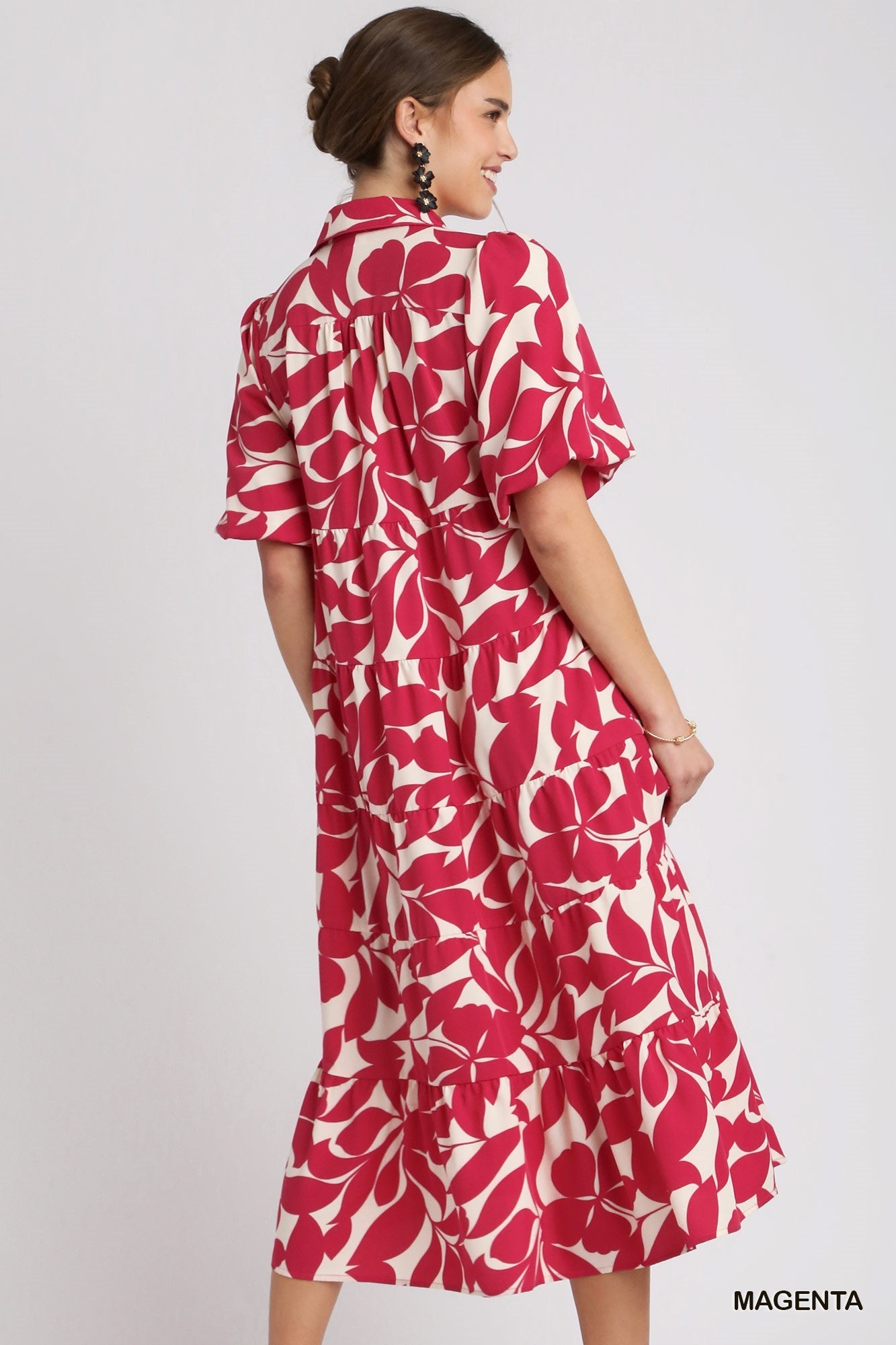 Two Tone Floral Print Collared A-Line Tiered Puff Sleeves Midi Dress