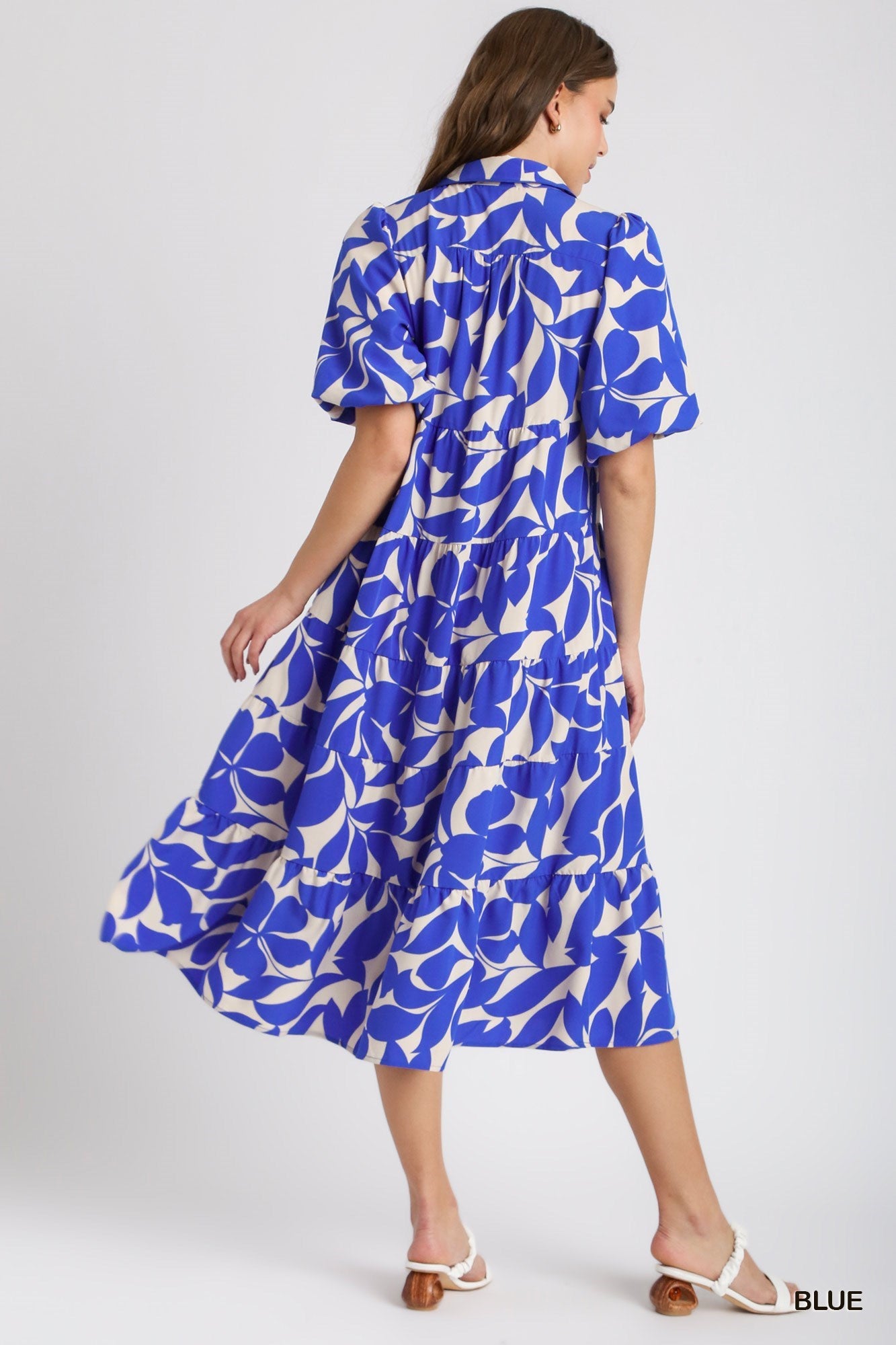 Two Tone Floral Print Collared A-Line Tiered Puff Sleeves Midi Dress