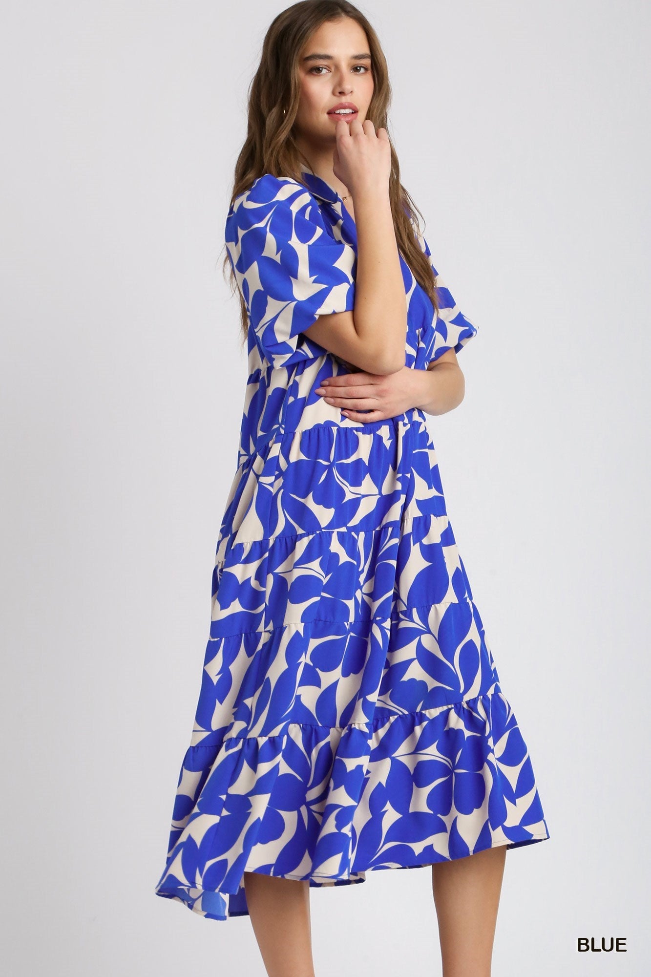 Two Tone Floral Print Collared A-Line Tiered Puff Sleeves Midi Dress