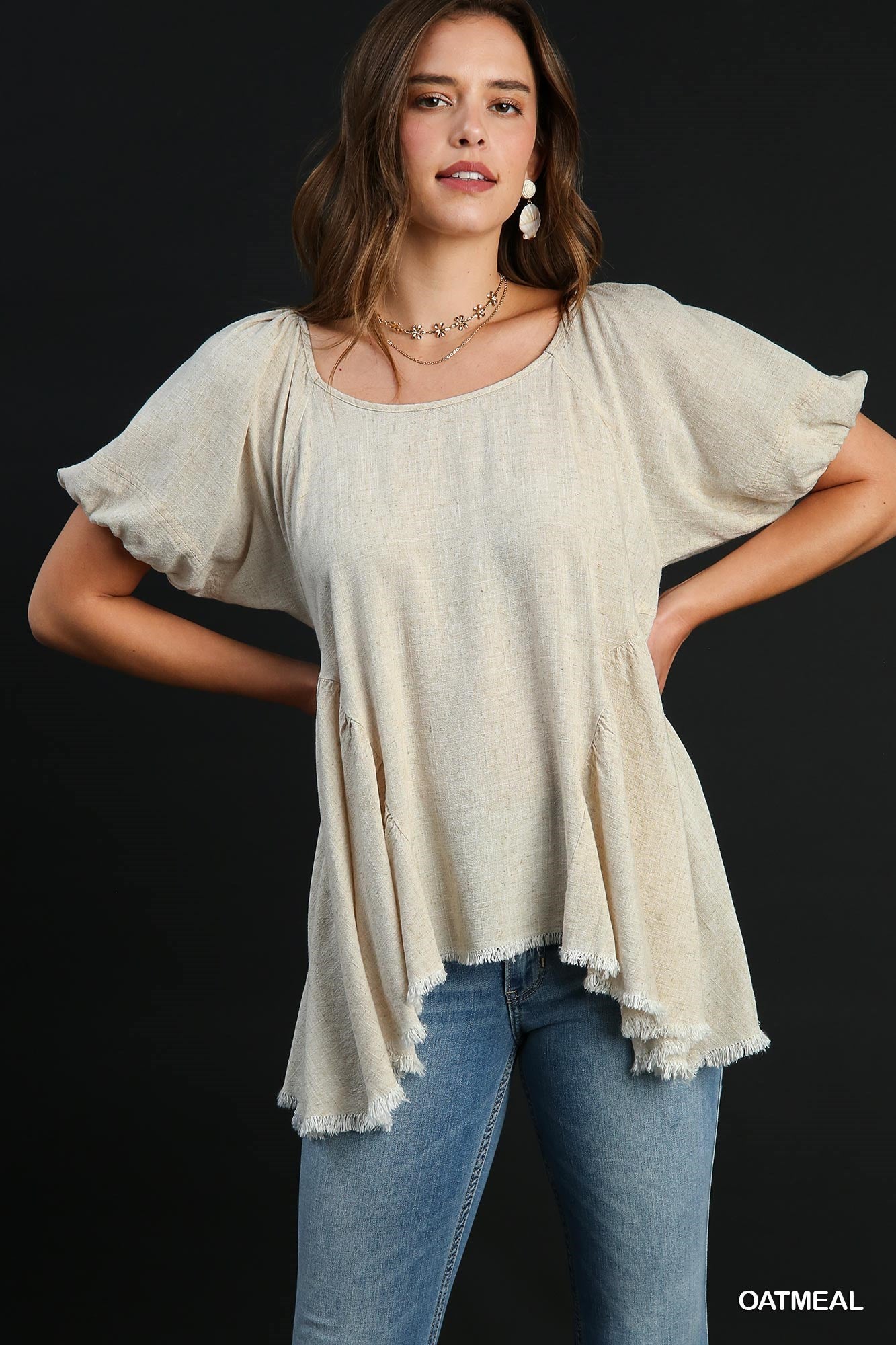 Linen Round Neck Tunic Top with Back Strap with Round Side Seam & Short Puff Sleeves