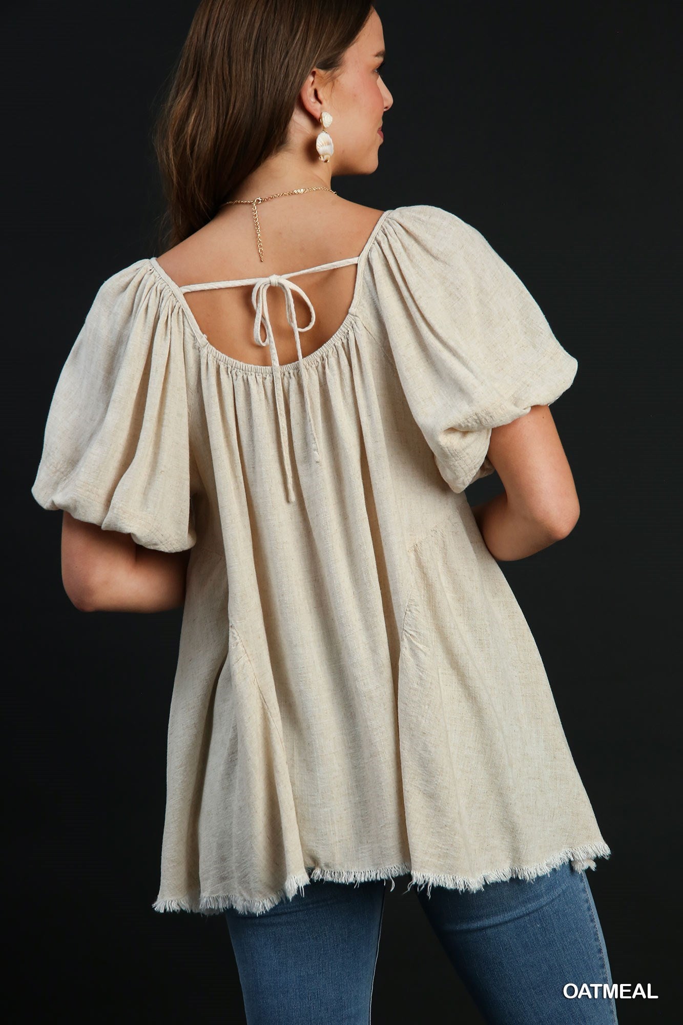 Linen Round Neck Tunic Top with Back Strap with Round Side Seam & Short Puff Sleeves