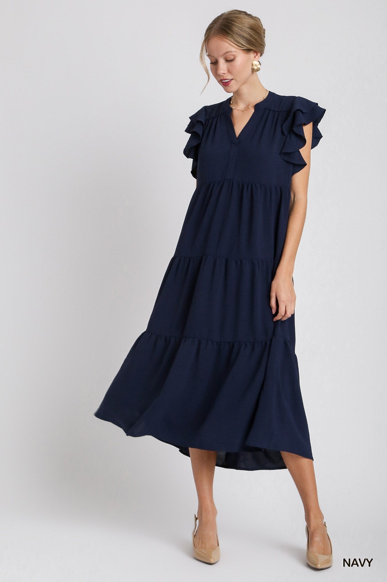 Split Neck A-Line Tiered Midi Dress with Short Layered Ruffle Sleeves