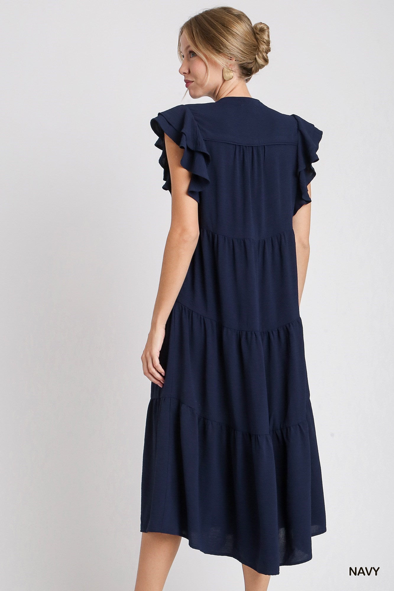 Split Neck A-Line Tiered Midi Dress with Short Layered Ruffle Sleeves