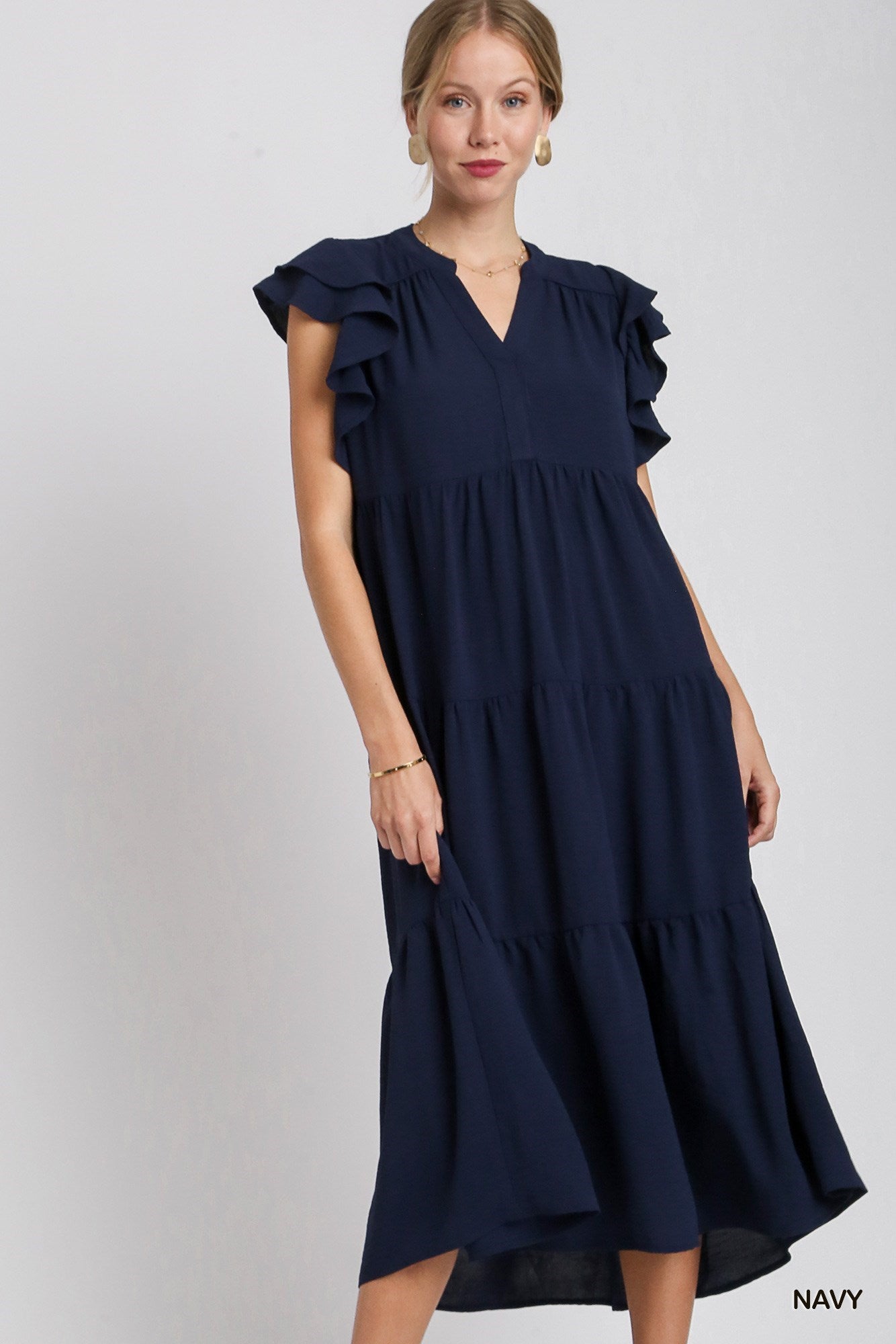 Split Neck A-Line Tiered Midi Dress with Short Layered Ruffle Sleeves