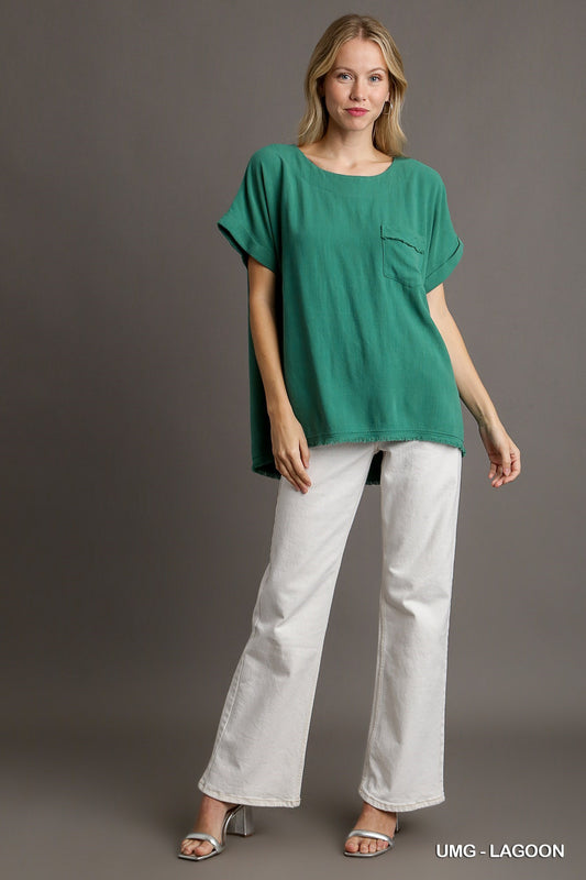 Linen Boxy Cut Round Neck Top with Chest Pocket & Unfinished Frayed Hem, Short Folded Sleeve