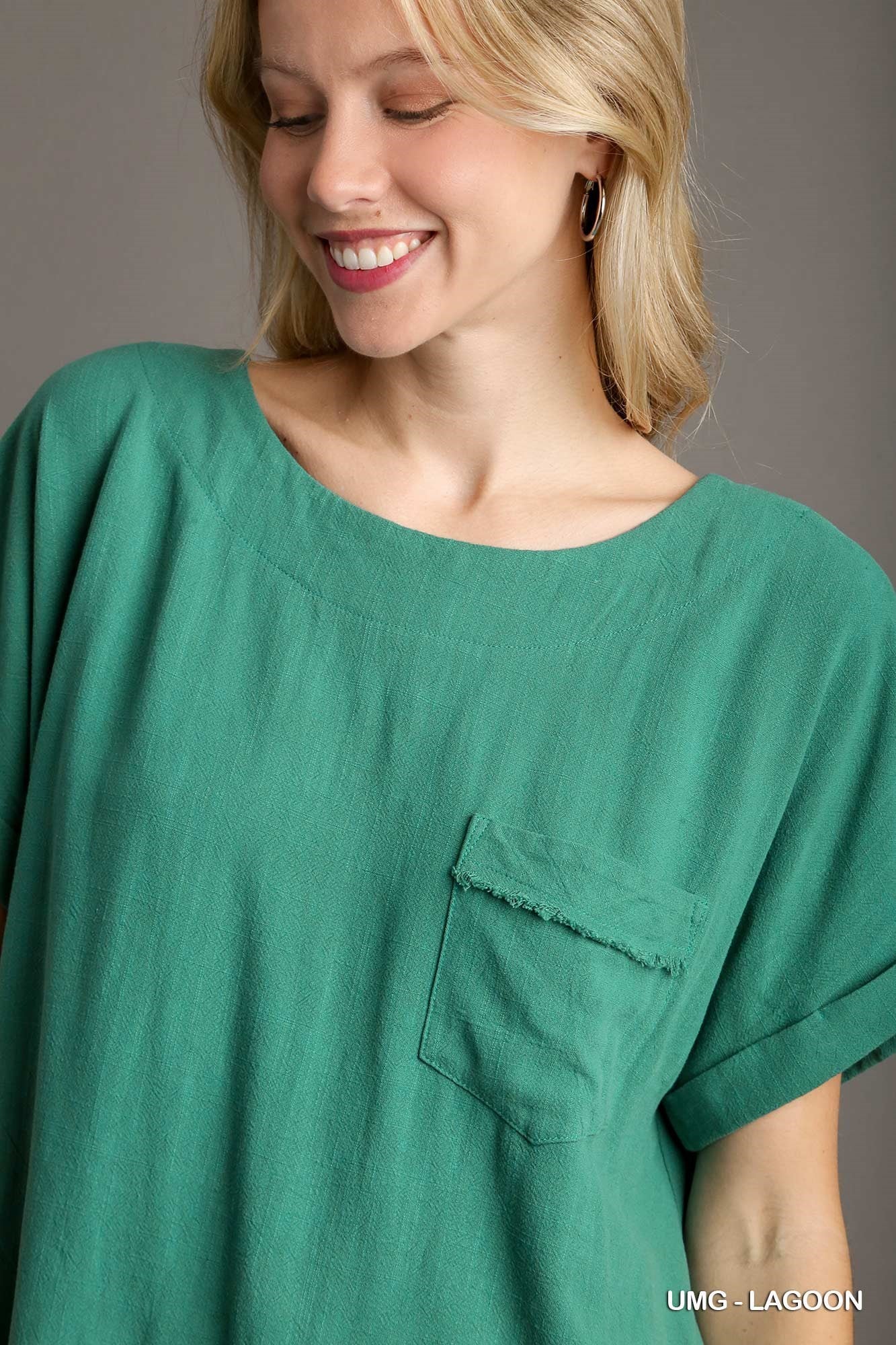 Linen Boxy Cut Round Neck Top with Chest Pocket & Unfinished Frayed Hem, Short Folded Sleeve