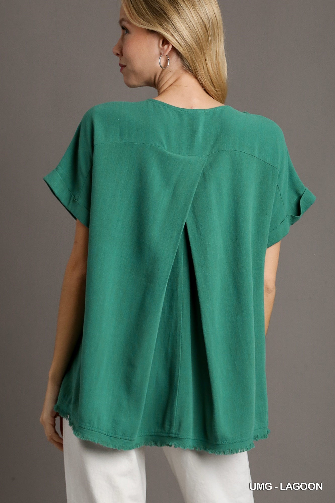 Linen Boxy Cut Round Neck Top with Chest Pocket & Unfinished Frayed Hem, Short Folded Sleeve