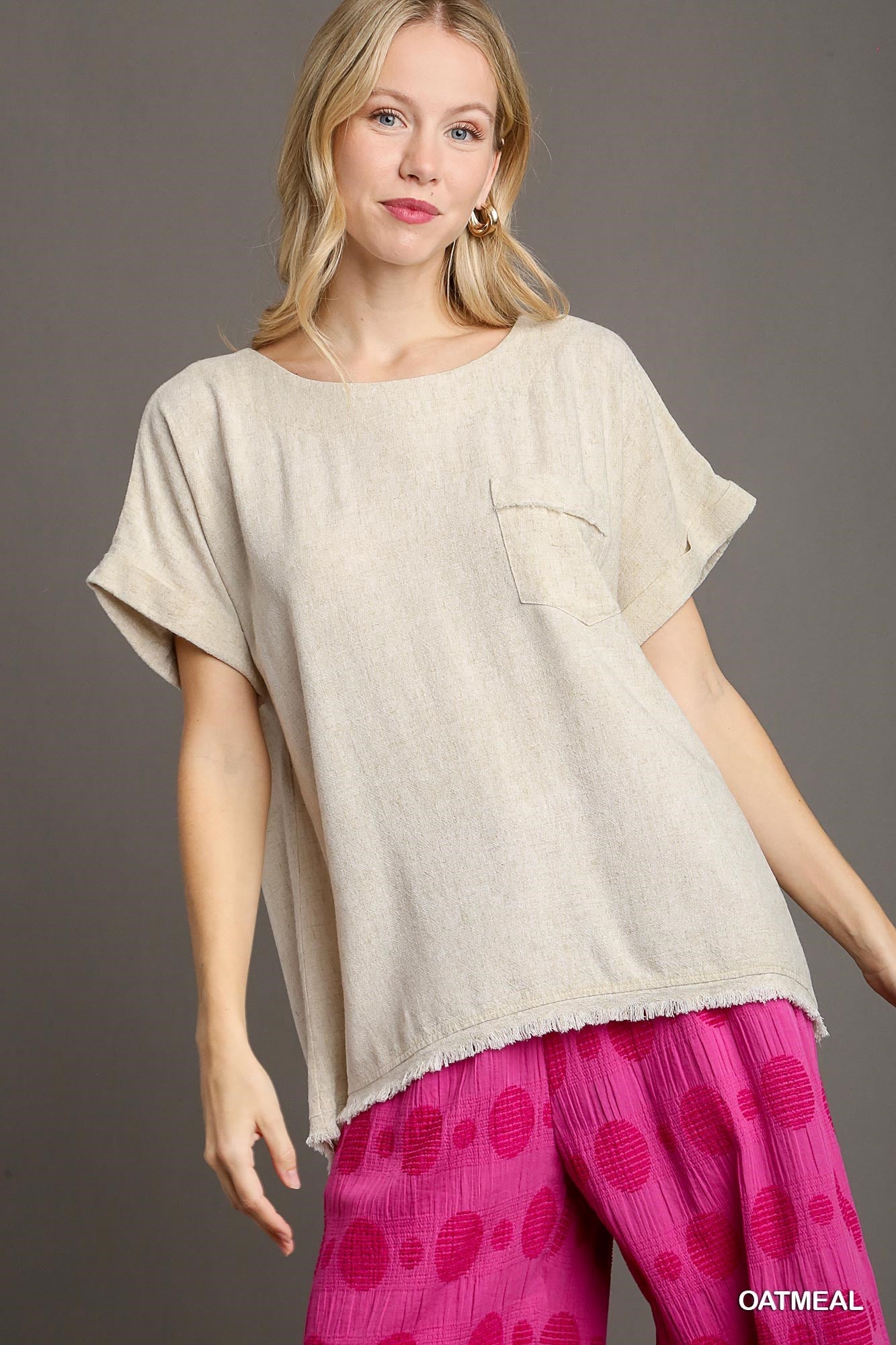 Linen Boxy Cut Round Neck Top with Chest Pocket & Unfinished Frayed Hem, Short Folded Sleeve