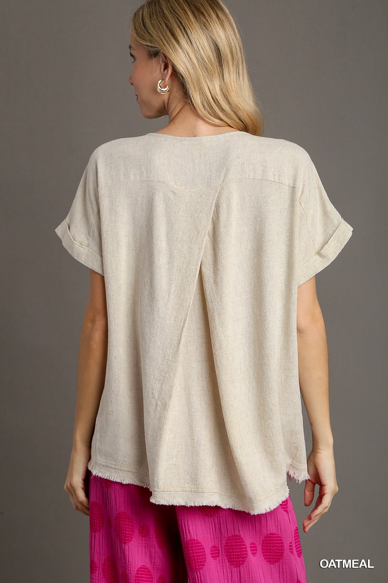 Linen Boxy Cut Round Neck Top with Chest Pocket & Unfinished Frayed Hem, Short Folded Sleeve