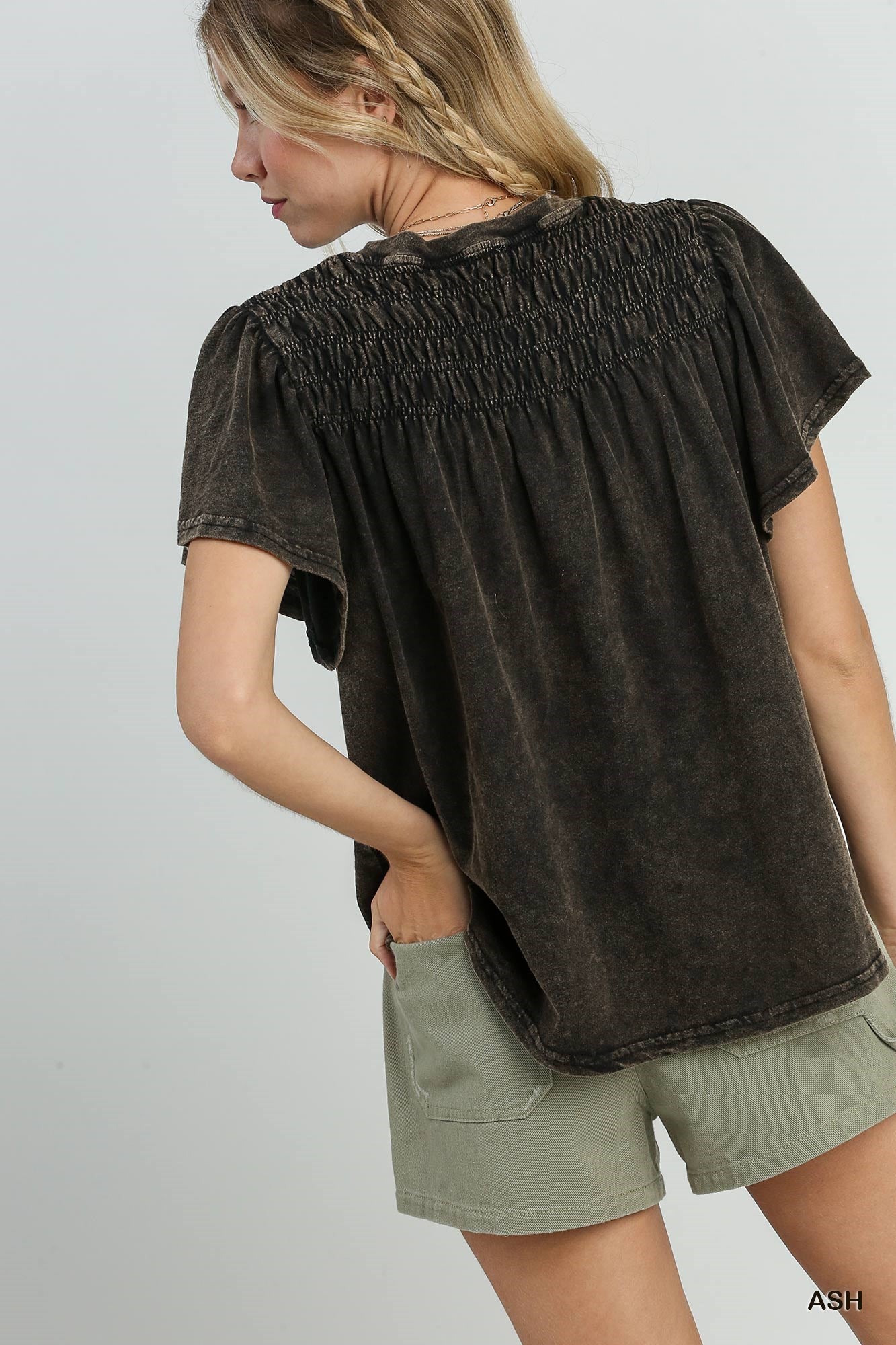 Mineral Wash Knit Smocked Short Sleeve Boxy Cut Top