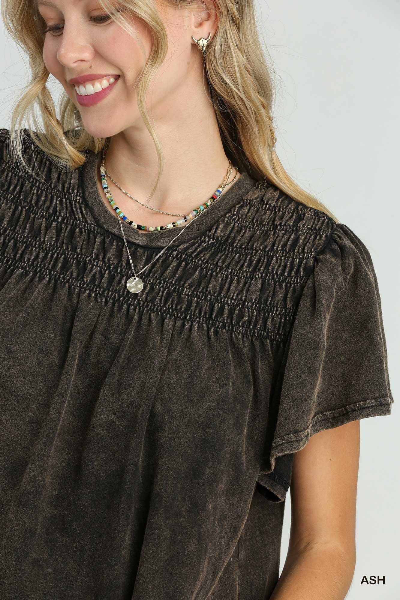 Mineral Wash Knit Smocked Short Sleeve Boxy Cut Top