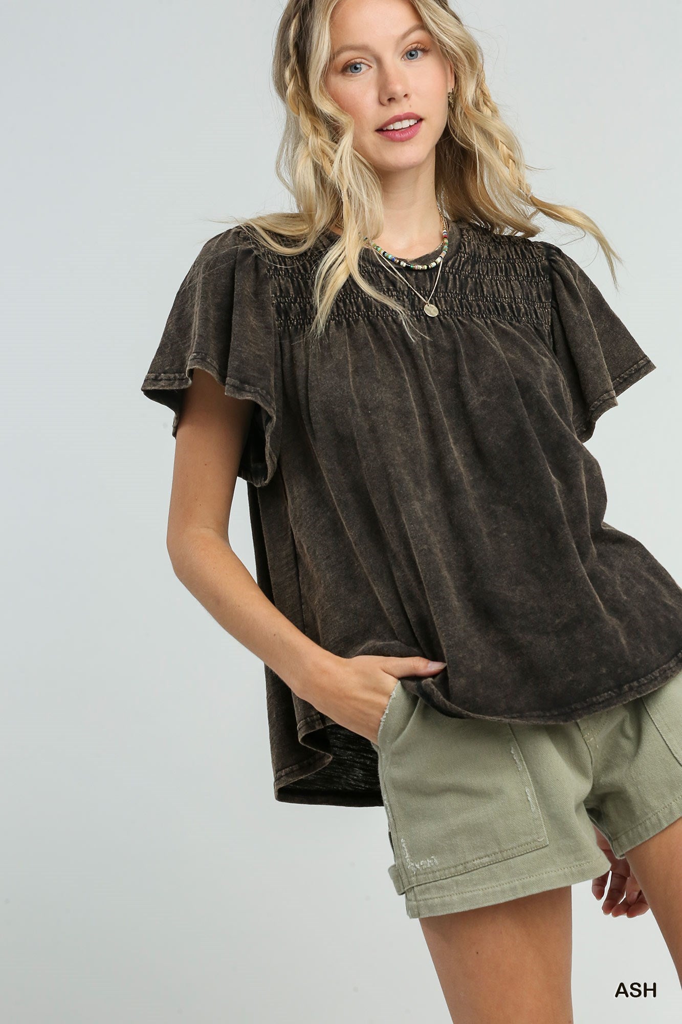 Mineral Wash Knit Smocked Short Sleeve Boxy Cut Top