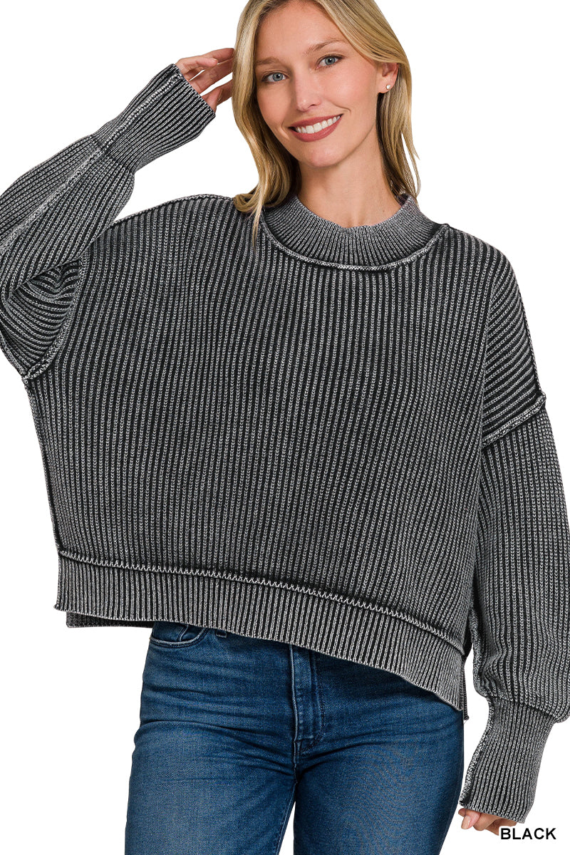 WASHED SIDE SLIT OVERSIZED CROPPED SWEATER