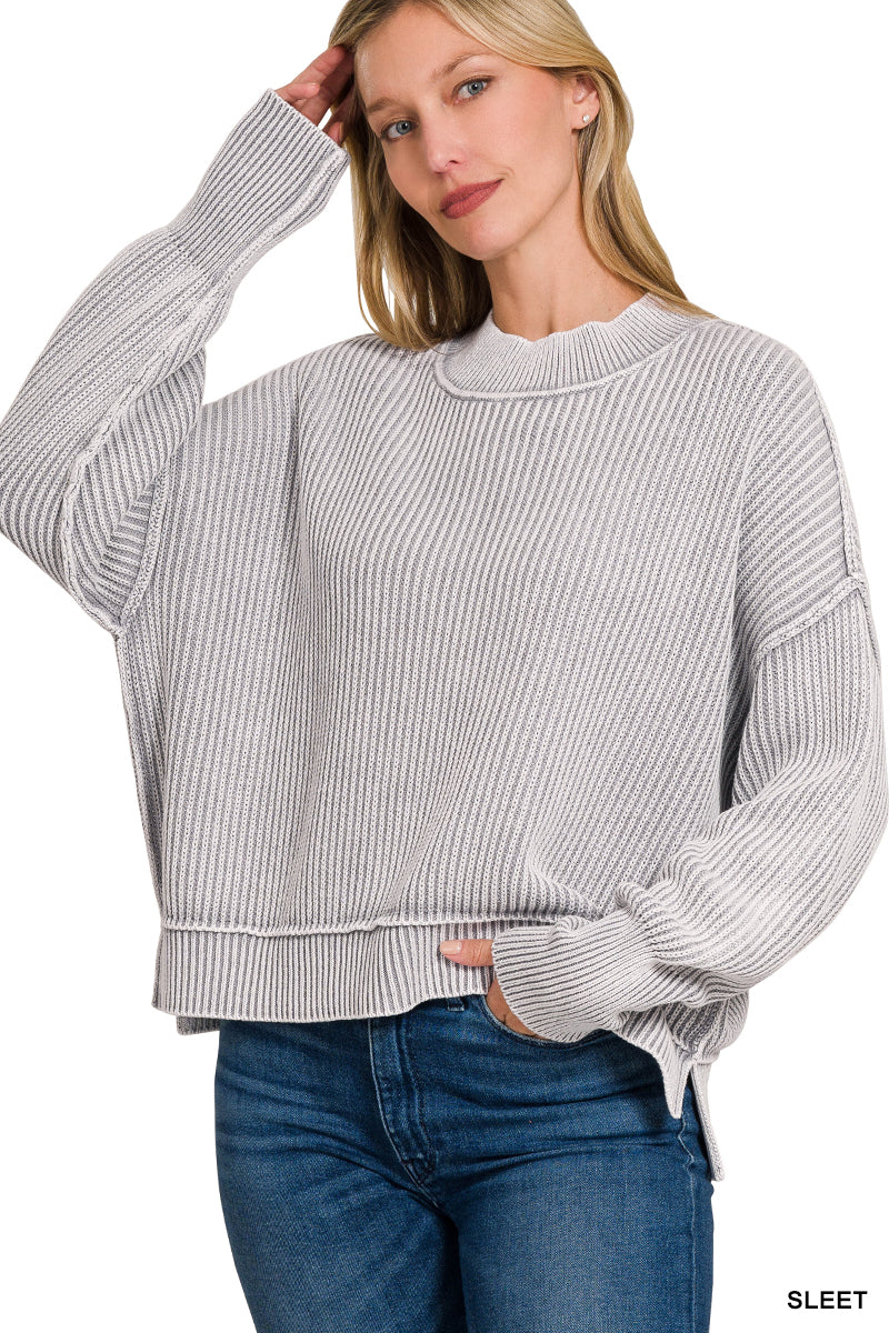 WASHED SIDE SLIT OVERSIZED CROPPED SWEATER